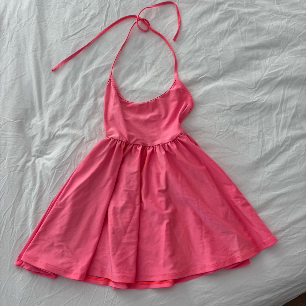 American Apparel Vibrant Pink bubble gum neon mini Halter DISCO skater Dress XS